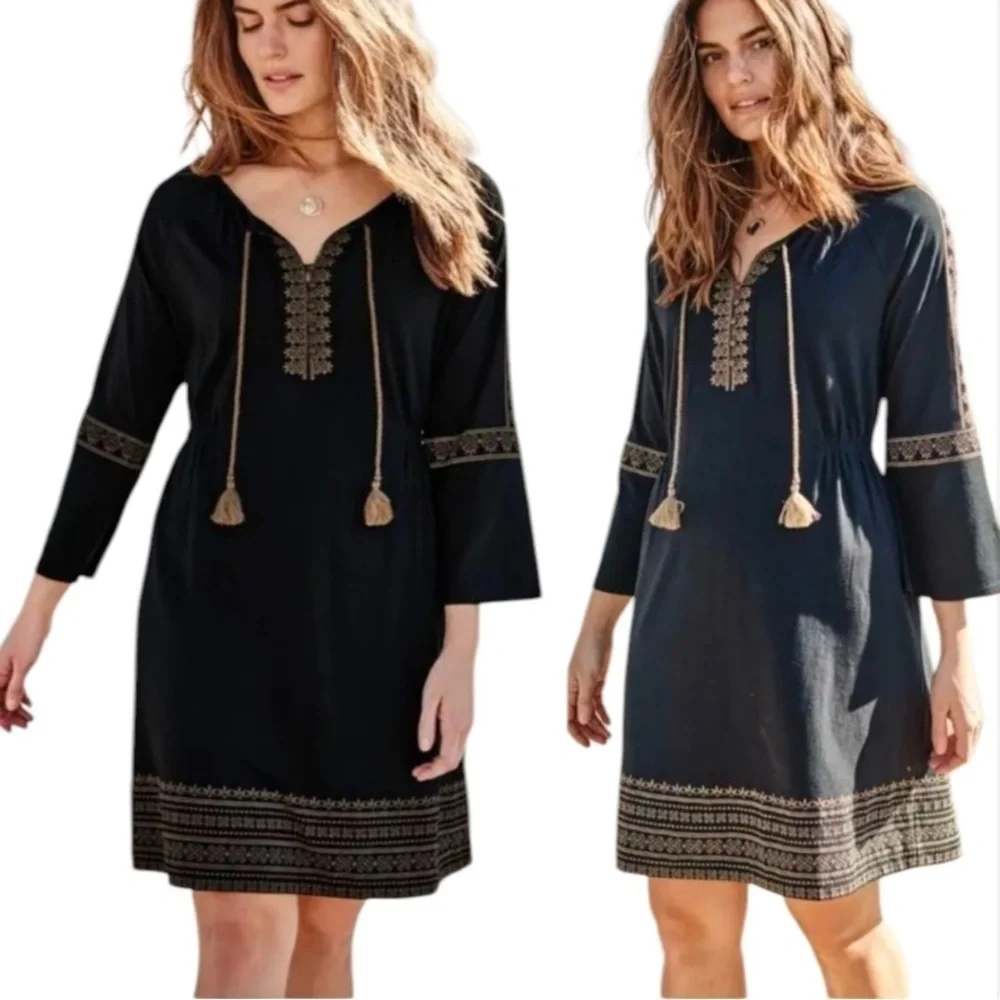 J. Jill Embroidered Cotton Blend Boho Knit Peasant Sheath Dress Black Size S